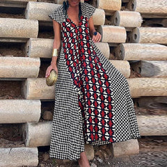 Short Sleeve Vintage Loungewear Party Dress, Women Summer 2024 V-Neck Holiday Dress, Printing Patchwork Loose Waist Ladies Dress