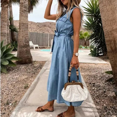 2023 Summer Denim Dress Women Turn down Collar Sleeveless Casual Loose Single Breasted Shirt Dress