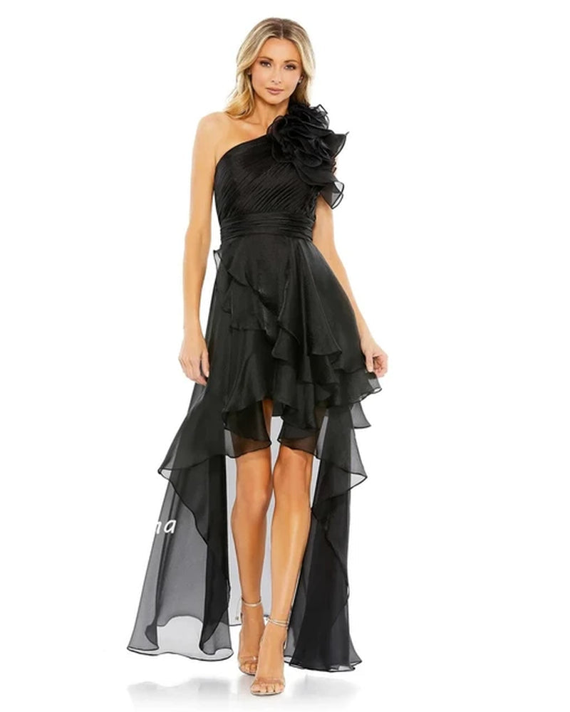 Jiayigong High Quality Sparkle Evening Organza Draped Flower Ruched A-Line One-Shoulder Bespoke Occasion Gown Hi-Lo Dresses