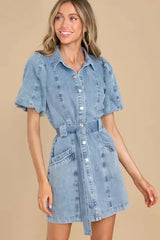 Casual Summer Women V Neck Washing Denim Dress Button Short Sleeve Dress Vintage Fashion Jean Belt Short Skirts