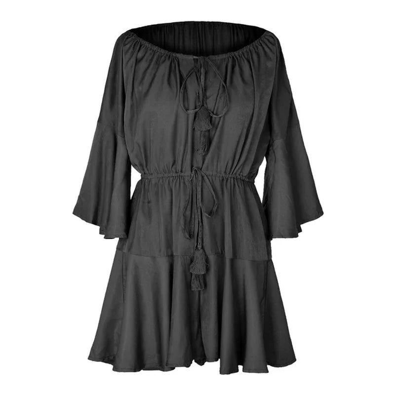 Summer Adjustable Lace-Up off Shoulder Flare Sleeve Cotton Linen Romper Women High Waist Solid Color Casual Dress