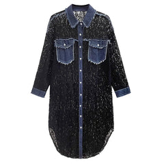 Women Denim Splice Lace Lapel Long Blouse Black Streetwear New Fashion Tide Long Sleeve Loose Fit Shirt Dress