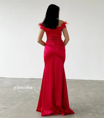 Jiayigong Sparkle Exquisite Evening Satin Feather Ruched Homecoming A-Line Off-The-Shoulder Bespoke Occasion Gown Long Dresses