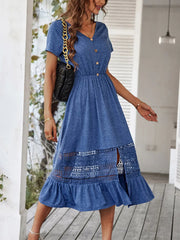 Elegant Women Lace Hollow Out Party Dress V Neck Lady Chic Short Sleeve Midi Dress 2023 Summer Casual Elastic Waist Solid Dress