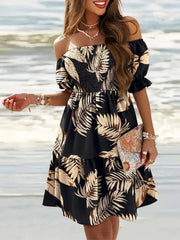 Vintage Printed Women Party Dress Female Summer Loose Short Sleeve Backless Dress Simple Slash Neck Casual Midi Dress Vestidos