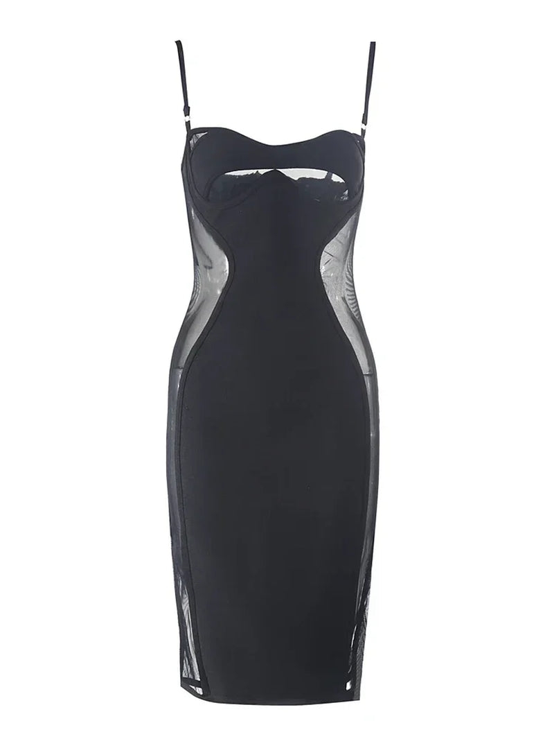 "Turn heads in this sexy Spaghetti Strap Mesh Patchwork Bandage Dress! 💃 Perfect for summer parties and events. #FashionGoals"