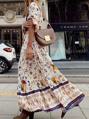 Women Bohemian Print V Neck Streetwear Dress Casual Summer Loose Long Sleeve Dress Vintage Female Slim Maxi Party Dress Vestidos