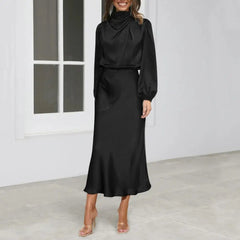 Women Dress Half-High Collar Satin Long Hollow Out Lantern Sleeve Tight Waist Evening Dress Wedding Cocktail Party Midi Dress