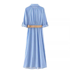 2024 Striped Shirt Dress Women Belt Pleated Midi Dresses for Women Turn up Sleeve Beach Women Summer Long Dress Vestidos