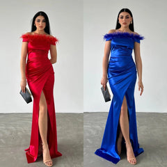 Jiayigong Sparkle Exquisite Evening Satin Feather Ruched Homecoming A-Line Off-The-Shoulder Bespoke Occasion Gown Long Dresses