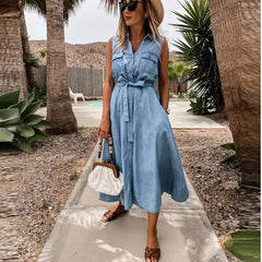 2023 Summer Denim Dress Women Turn down Collar Sleeveless Casual Loose Single Breasted Shirt Dress