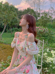 Butterfly Dress Women Summer Sexy Should off Midi Dress Vintage Print Floral Split Boho Dress