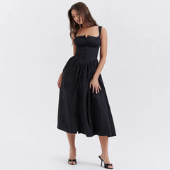 2023 Summer Black Spaghetti Strap Holiday Party Dresses Elegant Midi Button Lace up Dress Casual Women New in Dress