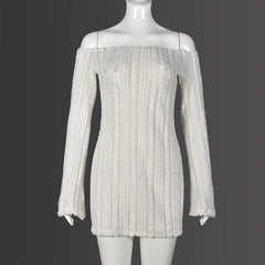 Plush Patchwork See-Through Knit Sheath Mini Dress Women Casual Outfits Off-Shoulder Slash Neck Long Sleeve Bandage Dresses