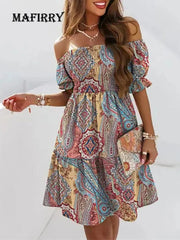 Vintage Printed Women Party Dress Female Summer Loose Short Sleeve Backless Dress Simple Slash Neck Casual Midi Dress Vestidos