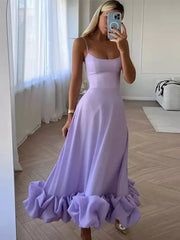 Solid Elegant Rose Pleated Spaghetti Strap Dress Women Fashion Sleeveless Backless A-Line Dresses Lady Chic Banquet Party Robe