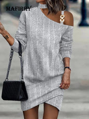 Autumn Winter Hollow Out Chain Patchwork Dress Elegant Office Lady Long Sleeve Slim Dress Casual Halter Women Mini Dress Vestido