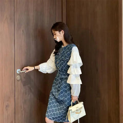 Fashionable Tweed Style Women'S Dress Set Waist-Fitted Slimming Medium-Length Denim Dress Set Socialite Style Women'S Clothing