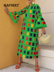 Elegant Women Flare Sleeve Loose Dress Female Patchwork Square Print Party Dress Casual Streetwear Beach Summer V Neck Dresses