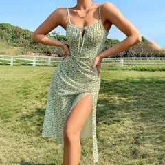 Women 2024 New Chic Fashion Printing Midi Dress Vintage Sleeveless Tie-Up Straps Female Dresses Robe Split Hip Wrap Skirt