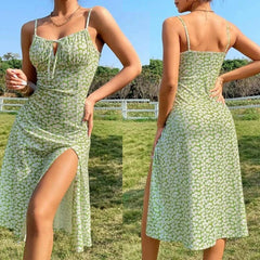 Women 2024 New Chic Fashion Printing Midi Dress Vintage Sleeveless Tie-Up Straps Female Dresses Robe Split Hip Wrap Skirt