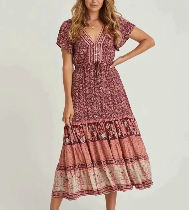 Green Cotton Floral Print Midi Dresses for Women Robe Vintage Casual Long Summer Dress V-Neck Boho Beach Vestidos 2020